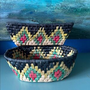 2 Vibrant Colorful Woven Baskets useful for all sorts chips bread fruit veg